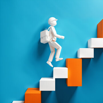 white 3d figure with backpack and hat climbing up orange and white stairs against a solid blue wall showing education journey and professional path development.