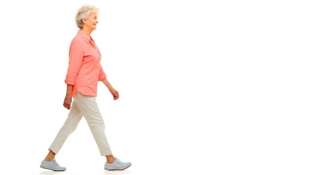 Full length profile shot of a senior woman walking confidently against a white background.
