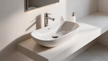 Fototapeta premium Elegant Bathroom Countertop with Modern Oval Ceramic Sink and Chrome Faucet