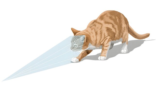 Ginger cat playing with a laser pointer on a white background.