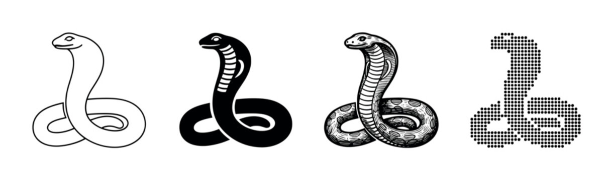 Set of four black cobra snake icons presented in various artistic styles, from a simple line art outline and solid silhouette to a detailed engraving and a modern pixelated version