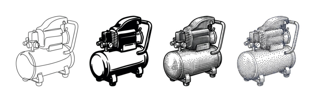 Set of four portable air compressor illustrations rendered in diverse black and white graphic styles including outline, solid fill, vintage engraving, and stippling