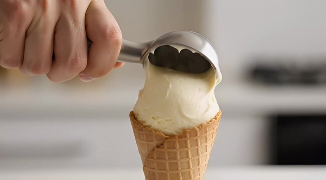Hand scooping creamy vanilla ice cream into a crispy waffle cone treat