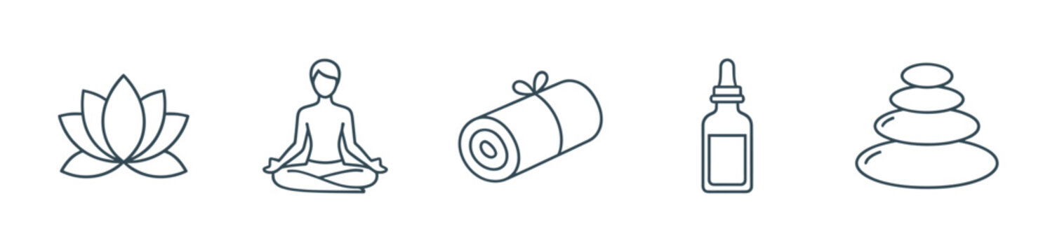 Set of five minimalist line icons representing spa and wellness concepts, including a lotus flower, meditation pose, rolled towel, essential oil, and balanced stones for relaxation
