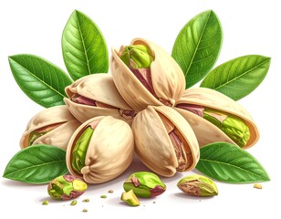 Pile of pistachios, some open revealing bright green kernels, surrounded by vibrant green leaves on a white backdrop