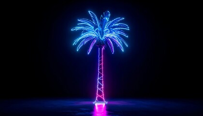 Neon palm tree glows with blue and pink light on a black background, reflecting on a dark, shiny surface