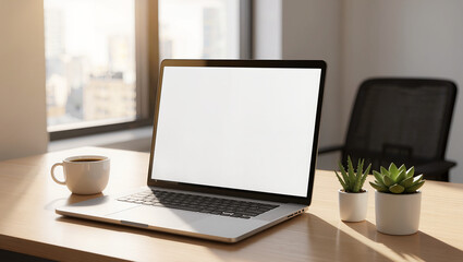 Fototapeta premium Laptop with Blank Screen on Sunlit Wooden Desk