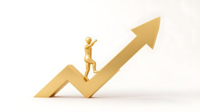 Golden figurine climbing a large golden arrow pointing upwards, symbolizing growth and success.