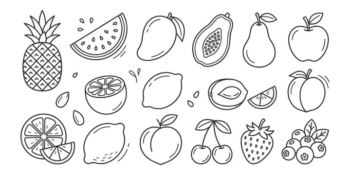 Fresh fruit line icons set with pineapple watermelon mango papaya pear apple lemon peach cherry strawberry and healthy food elements on transparent background