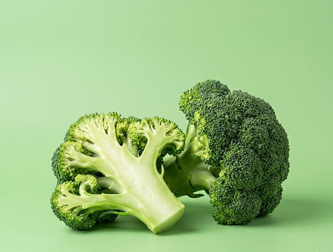 Whole and halved fresh green broccoli isolated on a minimalist green background