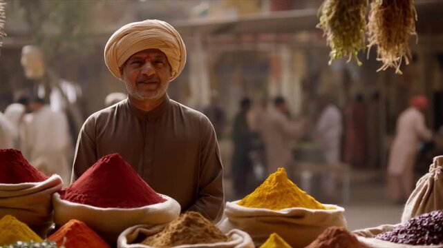 Traditional spices seller and dry fruits in local bazaar in India.