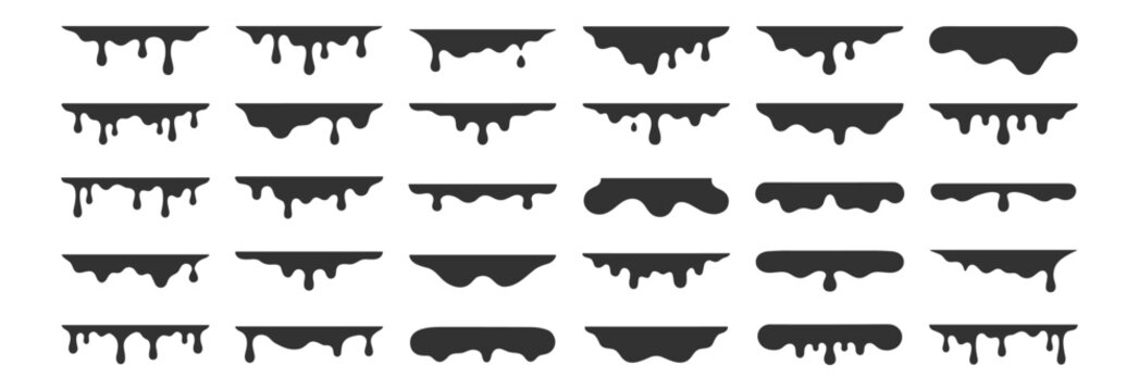 Dripping paint and liquid slime border shapes set with abstract splash drops fluid melt and drip elements isolated on transparent background