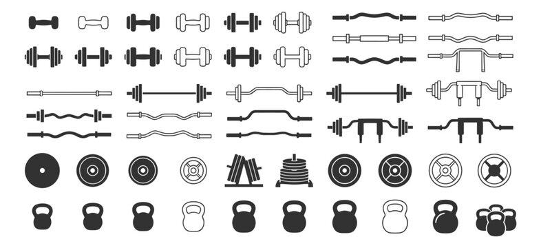 Fitness gym and weightlifting equipment icons set with barbell dumbbell kettlebell weight plates and strength training workout symbols on transparent background
