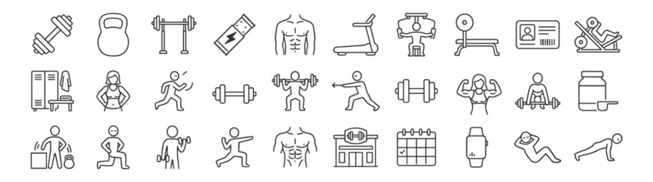 Fitness gym workout and strength training line icons set with barbell dumbbell kettlebell treadmill athlete bodybuilding equipment and exercise symbols on transparent background