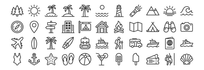 Travel and tourism line icons set with beach mountain camping hiking cruise airplane passport map compass and vacation adventure symbols on transparent background © gerik_a