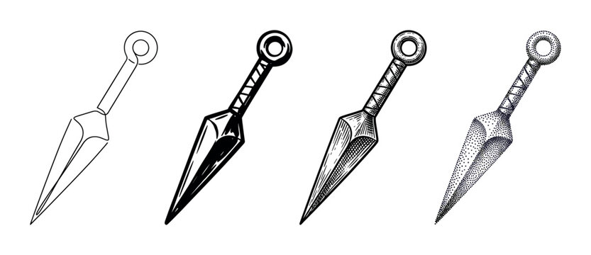 Collection of four kunai throwing knives drawn in different artistic styles, from simple line art and bold ink to detailed engraving and stippling dotwork techniques
