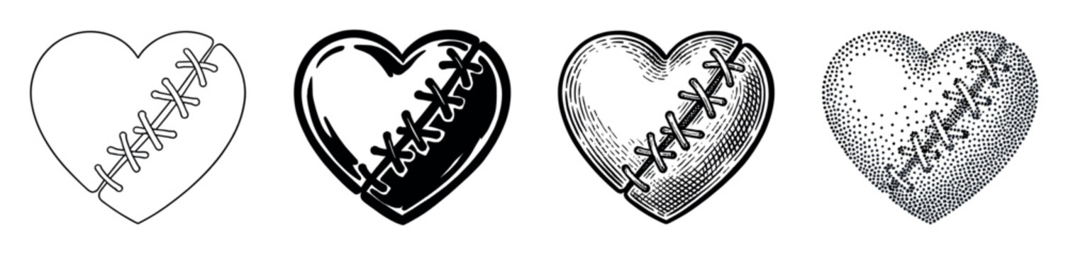 Four black and white stitched heart icons representing heartbreak and healing are presented in various artistic styles like line art, engraving, and pointillism