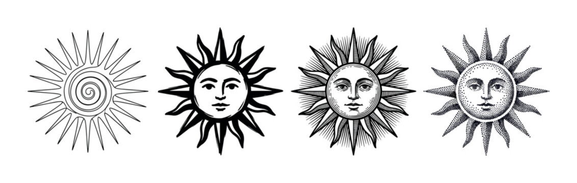 Set of four vintage sun illustrations with human faces in various artistic styles like engraving, stipple, and line art, representing esoteric and celestial concepts