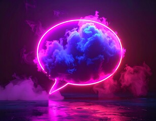 Neon speech bubble with dreamy clouds inside, illuminated in pink and blue, reflecting on a glossy dark surface