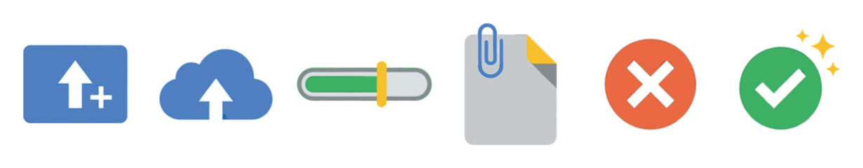 Fototapeta premium Set of colorful flat user interface icons for file uploading, cloud storage, progress bar, attachment, and status notifications like success and failure