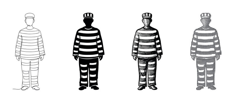 Set of four prisoner illustrations in different artistic styles, including continuous one-line drawing, solid silhouette, hand-drawn engraving, and a halftone dot pattern