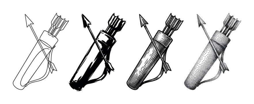 Set of four quiver and arrow illustrations in different artistic styles including line art, silhouette, engraving, and stippling for a vintage or historical theme
