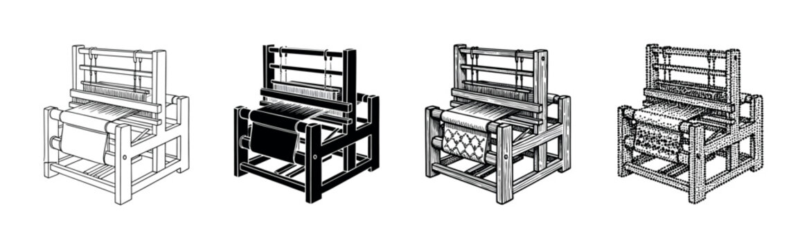 Four illustrations of a wooden weaving loom presented in a set of different graphic styles including line art, silhouette, woodcut, and stippling for craft and textile concepts