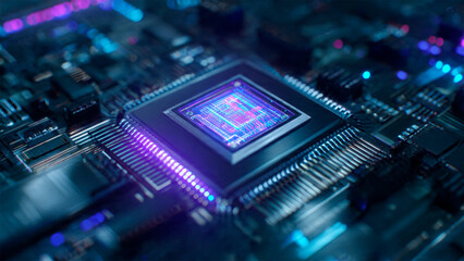 Fototapeta premium Quantum Computing Processor Chip with Futuristic Digital Energy Network
