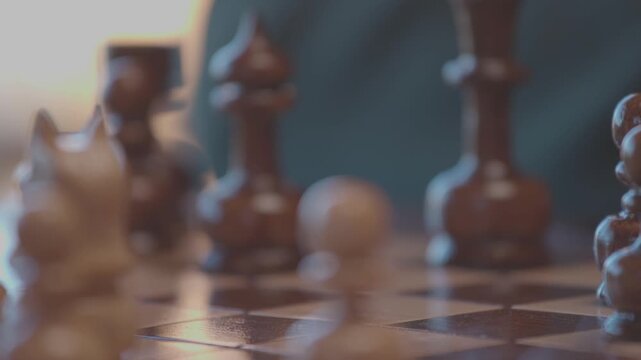 Two focused players are engaged in an intense game of chess. The camera captures a detailed close-up of a hand strategically moving a pawn across the wooden board.