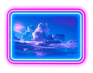 Neon-framed sky at night; towering clouds loom, lit by soft moon glow. Pink/blue lights border the scene