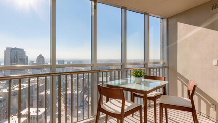 Fototapeta premium Sunny apartment balcony with city view and small furniture set