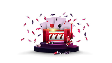 Obraz premium 3D casino slot machine, playing cards, dice and poker chips on purple podium isolated for your arts.