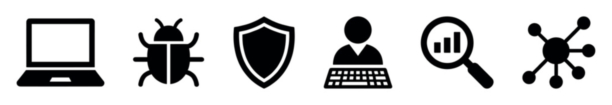 Set of black cybersecurity and technology icons including a laptop, bug, shield, user, analysis, and network symbol for web and app design in a minimalist flat style