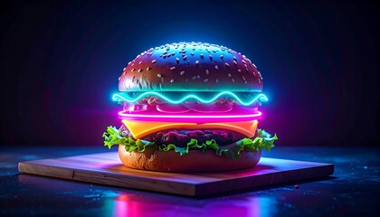 Neon-glow burger. Stacked high on a wood block, with glowing turquoise and pink lines surrounding