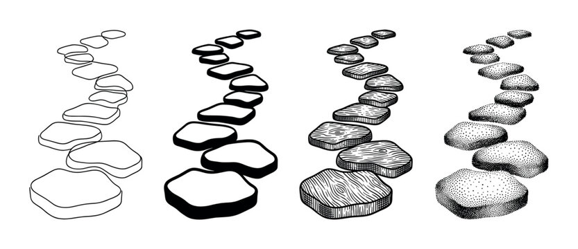 Four sets of stepping stone paths illustrated in different artistic styles including simple outline, solid silhouette, engraved woodcut, and stippled dotwork for a vintage look