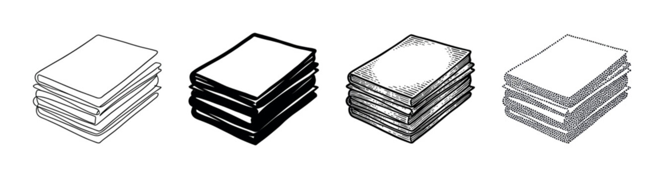 Set of four book stack illustrations in different artistic styles including line art, silhouette, engraving, and stippling for educational or library concepts