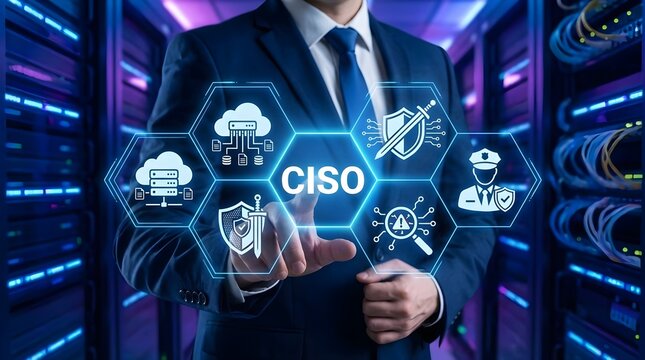 Chief Information Security Officer CISO Concept with Cybersecurity Icons in Data Center Server Room