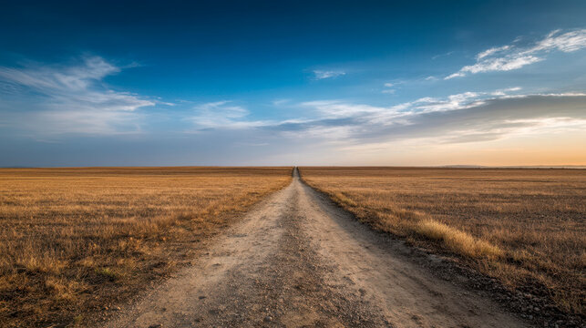 An endless dirt road through the vast prairie at sunset, an open landscape of golden fields and endless blue skies
