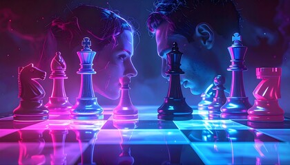 Neon-lit chessboard with chess pieces, two faces looming in the background, radiating a sense of strategy and competition