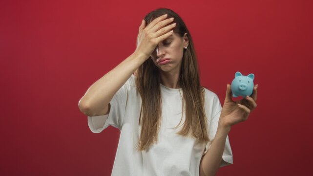 Young woman holding blue piggy bank with hand on forehead and closed eyes in a red studio; financial worry frustration.