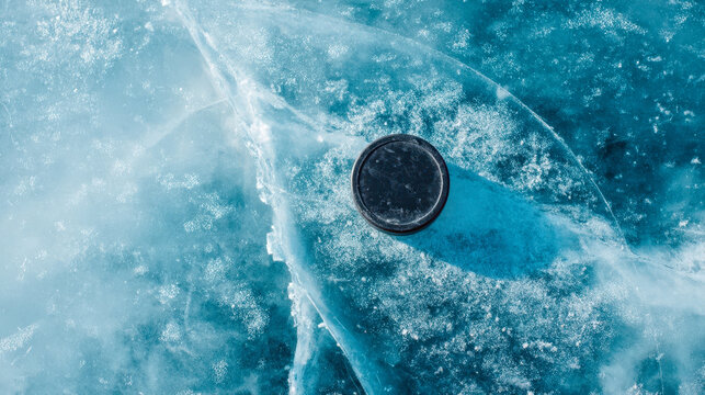 Hockey puck on cracked blue ice, top view
