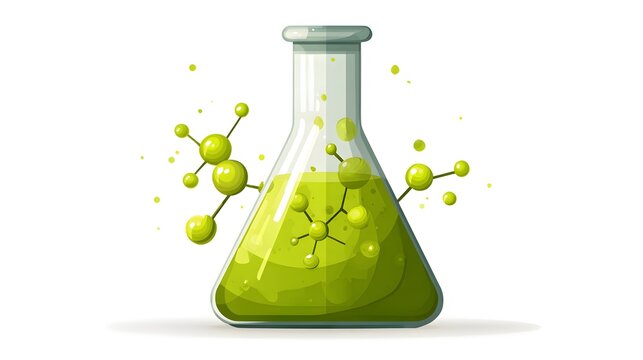 Green Liquid in Erlenmeyer Flask with Molecular Structures.