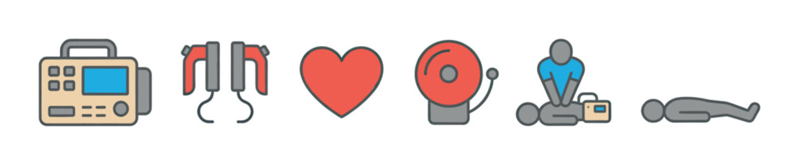 Cardiopulmonary resuscitation and defibrillator icon set showing an AED device, paddles, heart symbol, emergency alarm, and a rescuer providing first aid to a patient