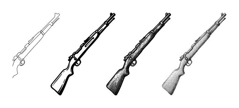 Set of four vintage rifle illustrations showing different artistic styles including simple line art, graphic silhouette, detailed engraving, and classic stippling