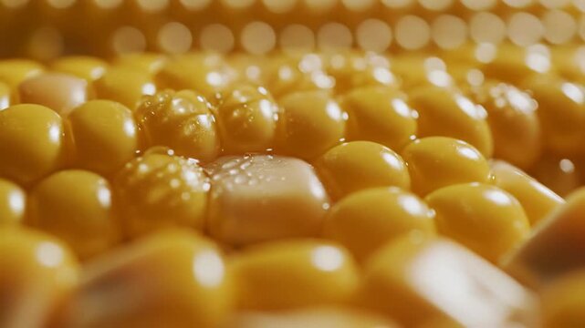 A macro shot showing rows of golden yellow corn kernels with water droplets glistening in the soft light