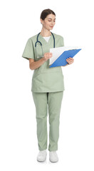 Medical worker in olive uniform with stethoscope and clipboard on white background