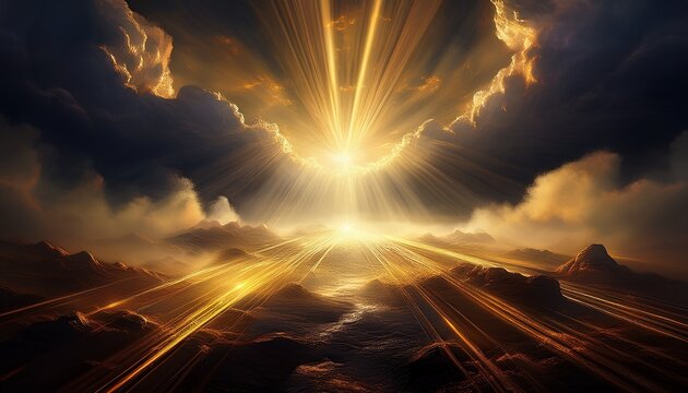 golden light beams piercing through dark misty clouds casting a spellbinding aura