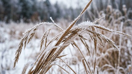 Obraz premium Frost covered dry grass in winter field close up