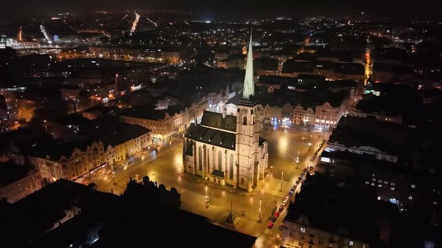 PLZEN historical city aerial night view showing illuminated historic center and urban skyline in Czech Republic-Pilsen regional city