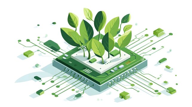 Green Technology and Sustainable Computing Concept with Plants Growing on a Circuit Board.